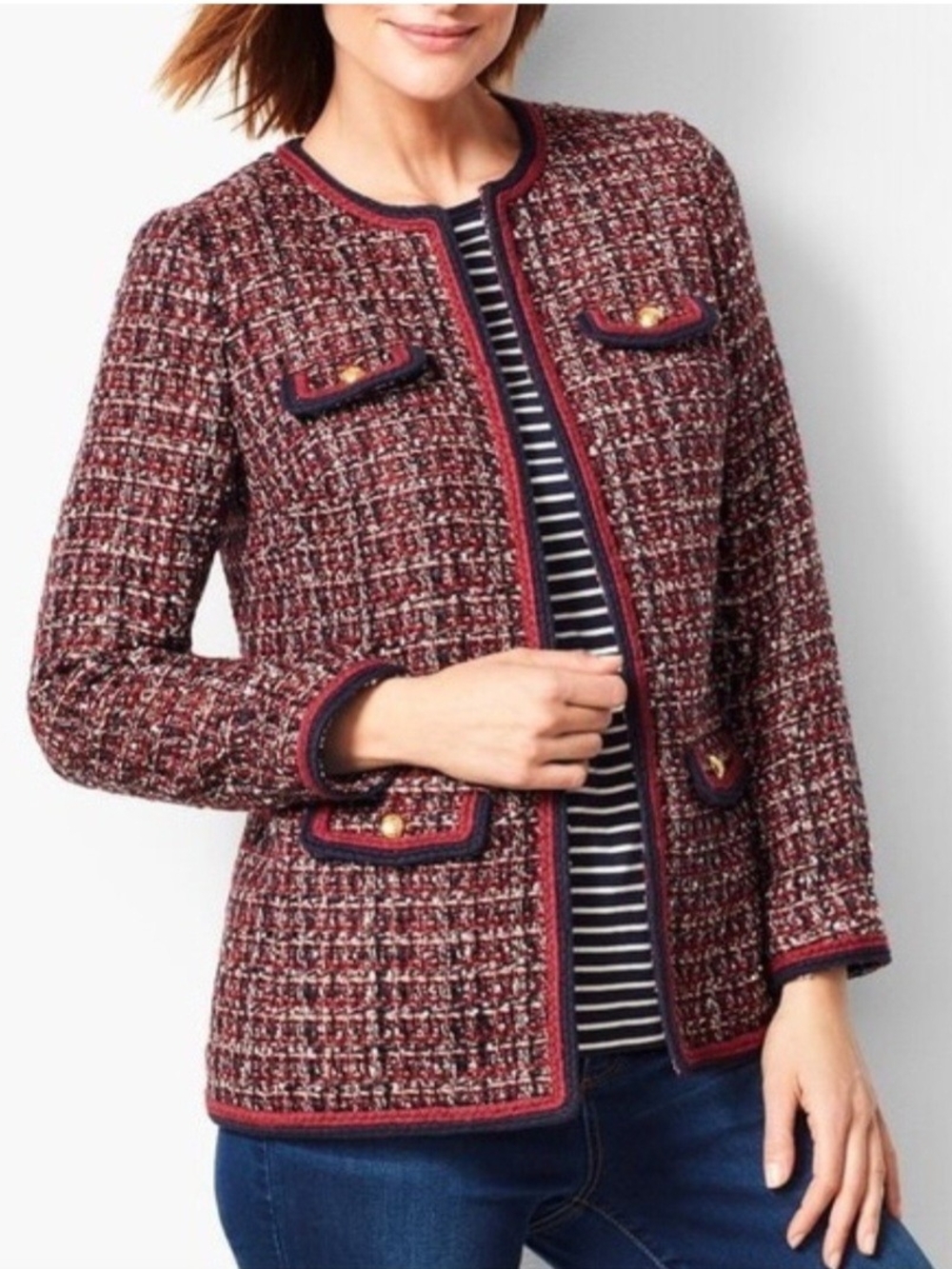Talbots Burgundy Multi Tweed Collarless Jacket - Picture 7 of 8